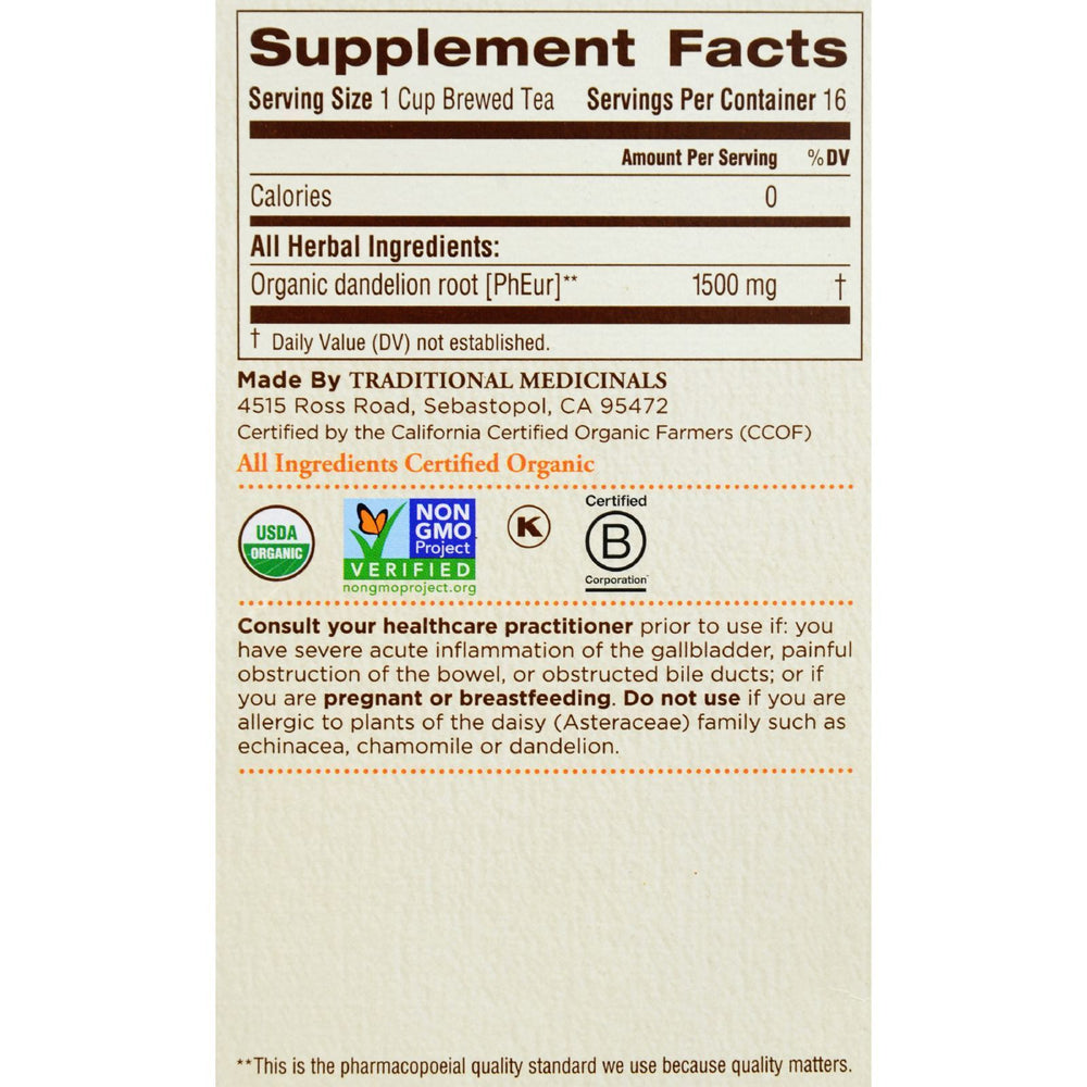 Traditional Medicinals Organic Roasted Dandelion Root Tea - Caffeine Free - 16 Bags