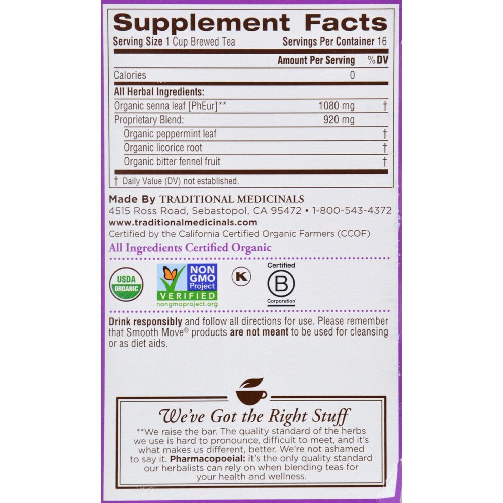 Traditional Medicinals Organic Smooth Tea - Senna Peppermint - 16 Bags