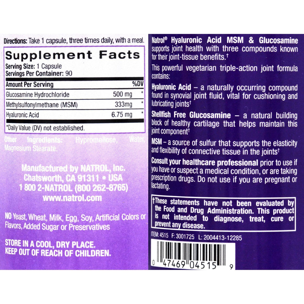 Natrol Vegetarian Hyaluronic Acid MSM and Glucosamine - 90 Capsules